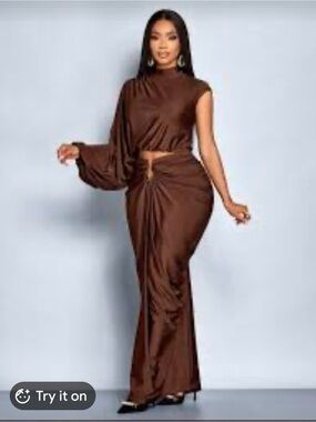 Brown Draped Maxi Skirt - Elegant Evening Skirt